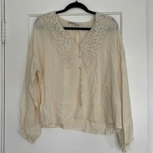 Cream button down blouse with feminine lace collar